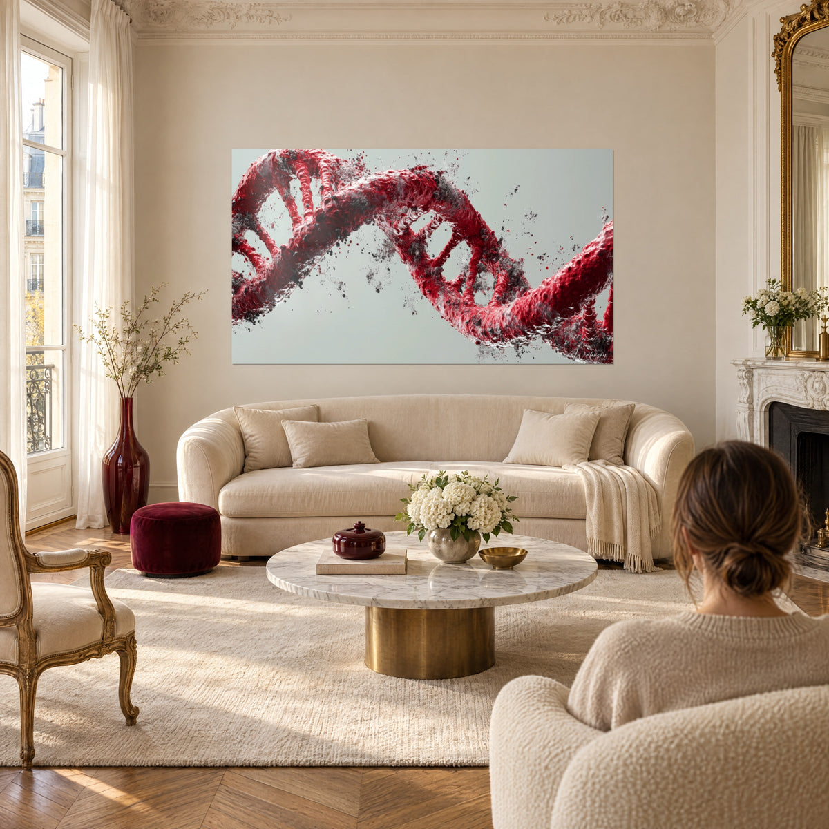Wall art DNA helix in brilliant carmine red breaking into grey dust on a pale green background, above a sofa in a bright living room