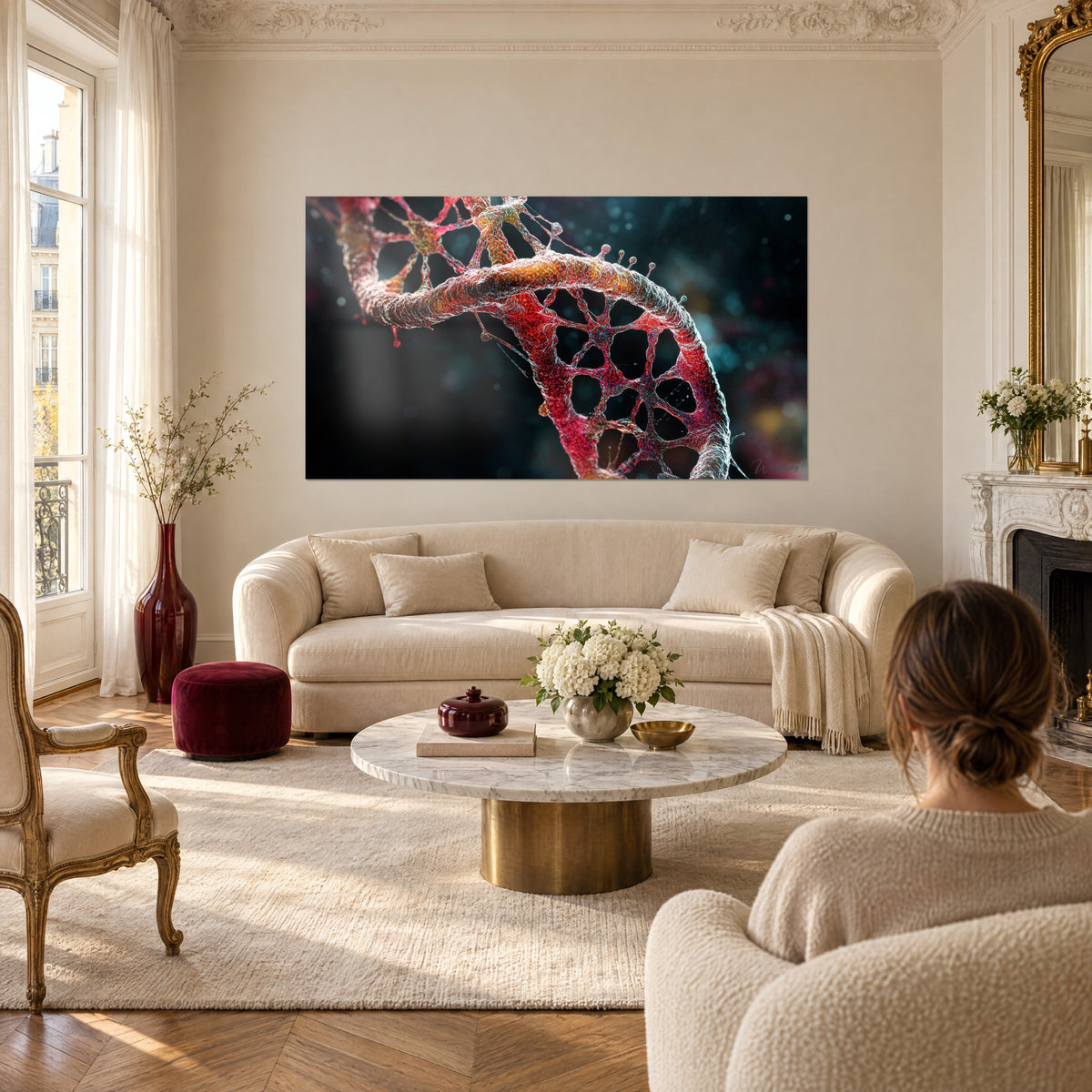 Tableau double hélice d'ADN rouge carmin et or sur fond noir, perles brillantes, au-dessus d'un canapé dans un salon lumineux
