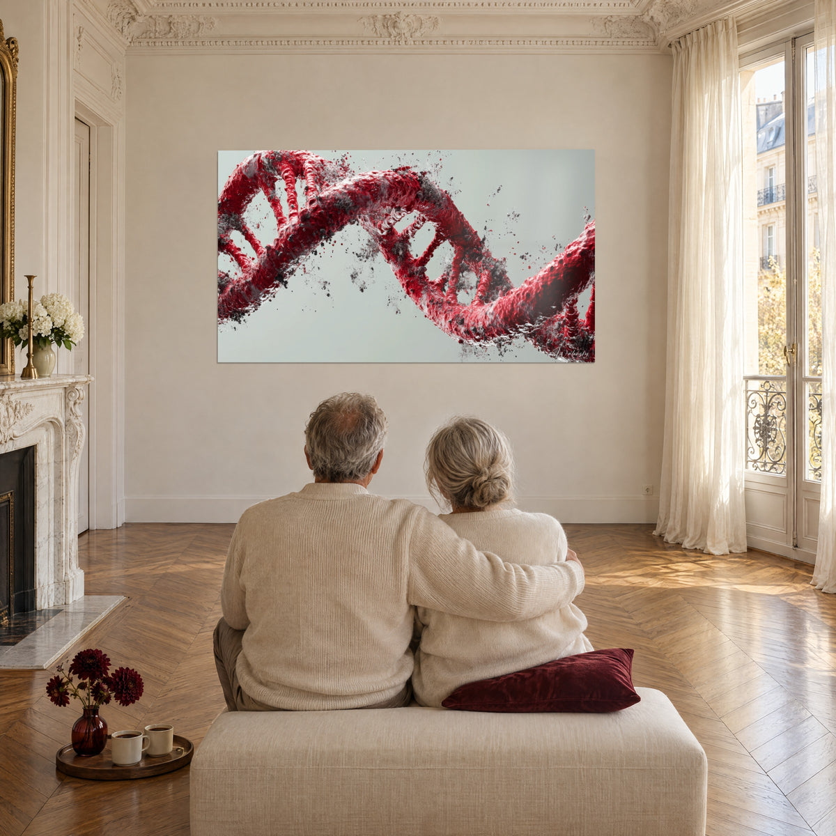 Wall art deep red DNA strand crumbling into black crumbs on a light grey background, Haussmann living room with windows