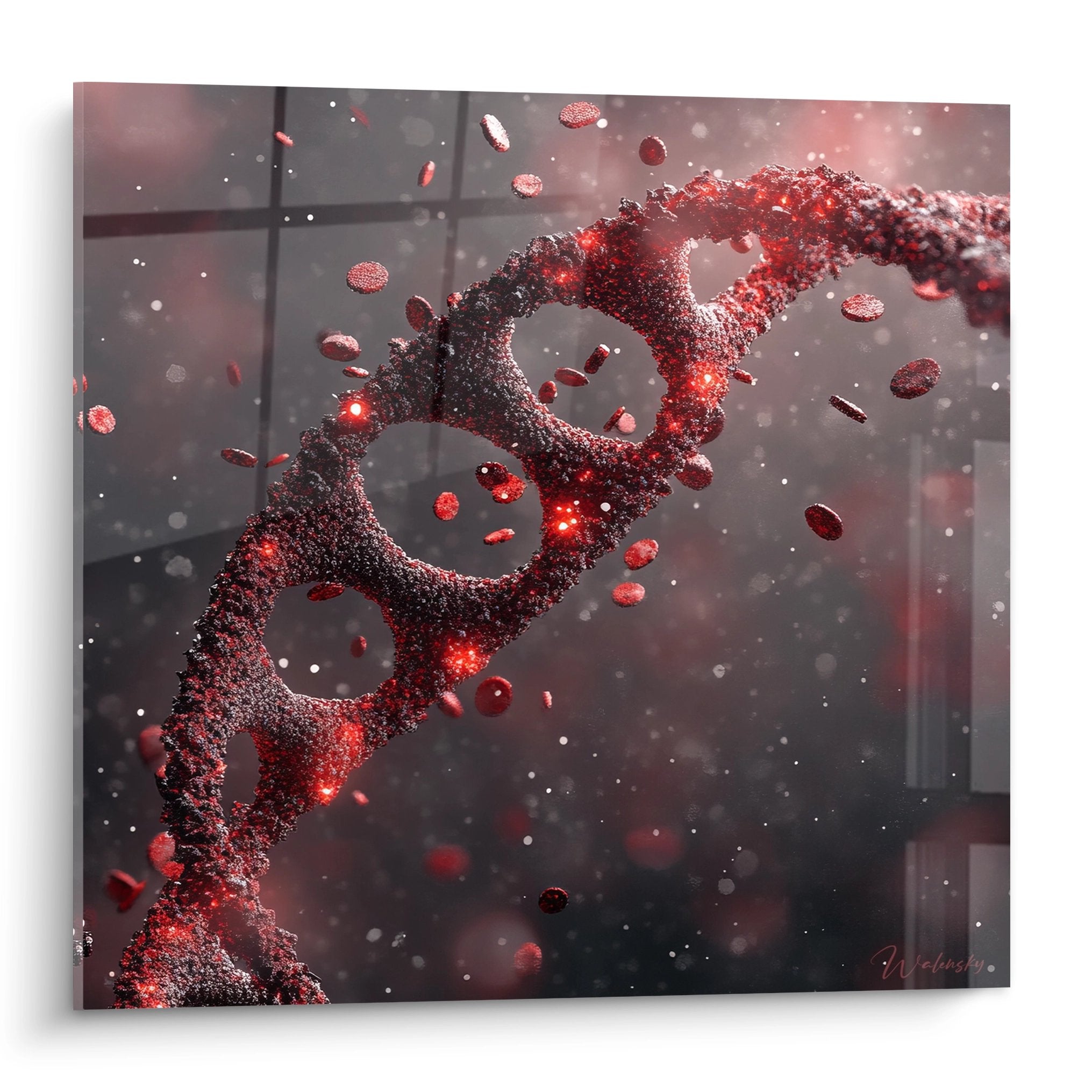 Tableau mural hélice ADN rouge lumineux avec particules flottantes art scientifique moderne