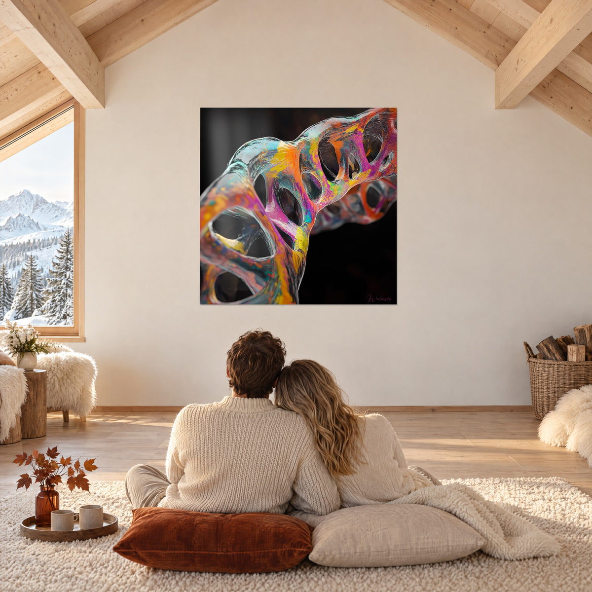 Tableau ruban d'ADN en verre soufflé coloré, orange, magenta et bleu glacier, couple enlacé de dos sur un tapis, sous les poutres d'un chalet