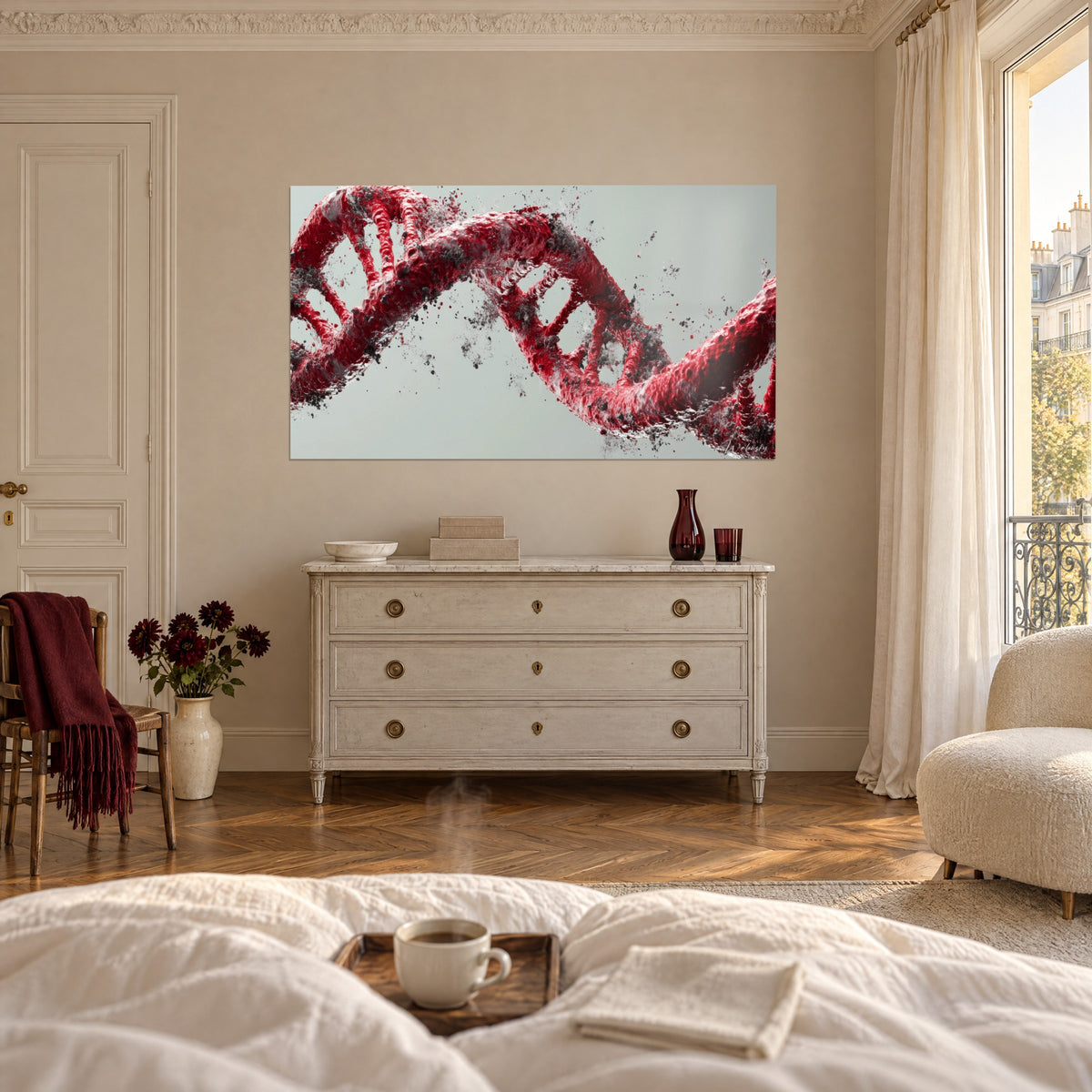 Wall art garnet DNA spiral speckled with dark particles on a seafoam green background, above a bed in a light bedroom