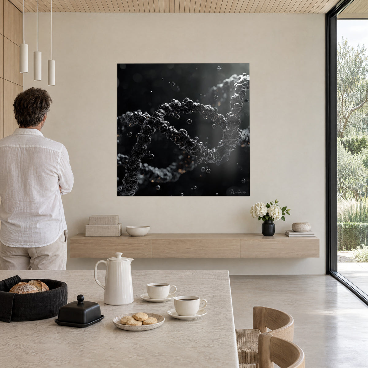 Wall art dark relief helical structure, matte black and metallic grey, floating bubbles, viewed from the kitchen of an open-plan house