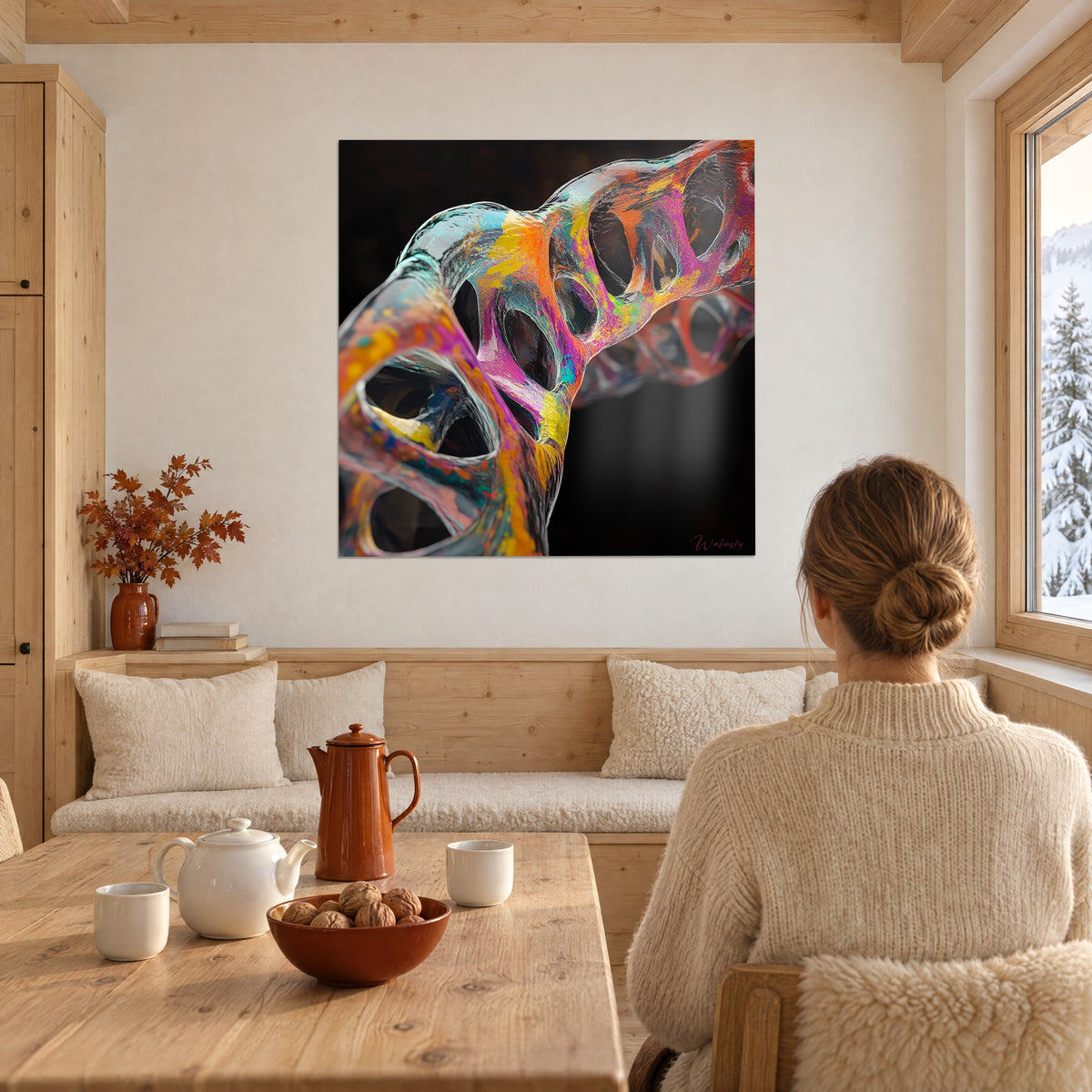 Tableau molécule vrillée aux orifices noirs cernés de rose fuchsia et d'orange, femme de dos à table, mur crème d'un chalet de montagne