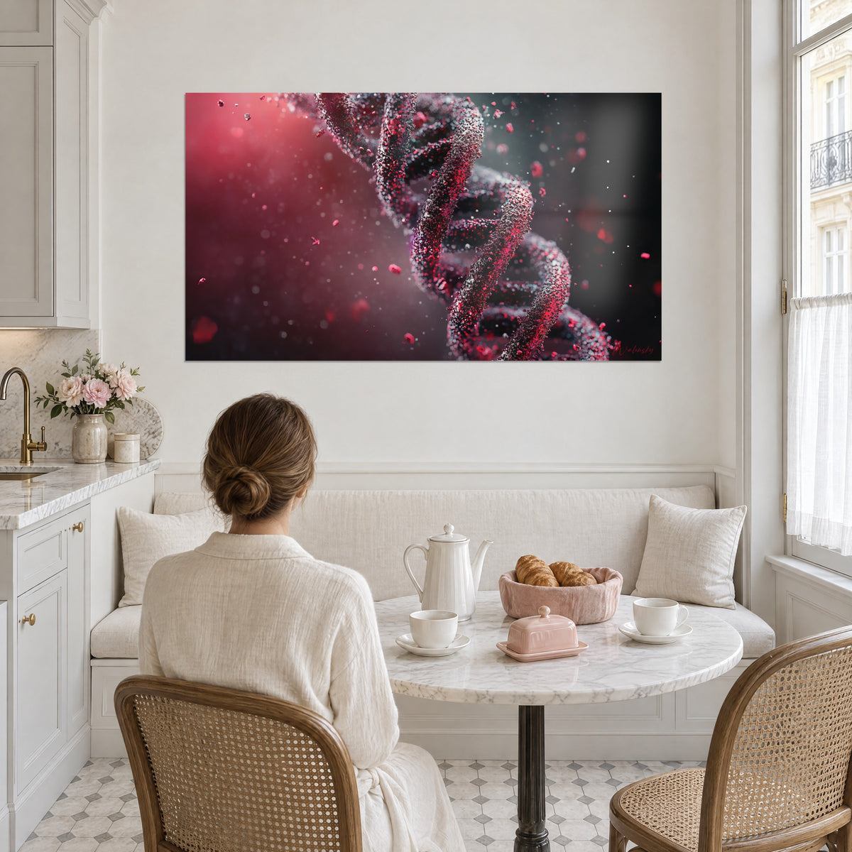 Tableau chaîne génétique granuleuse pourpre et graphite, particules écarlates dispersées, dans une cuisine blanche et boisée