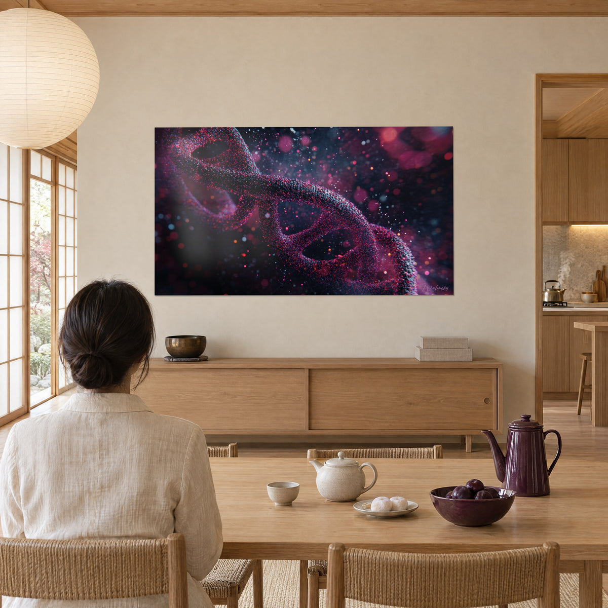 Tableau chaîne moléculaire constellée de particules fuchsia et bleu nuit, sur un mur crème face à une table de thé en bois