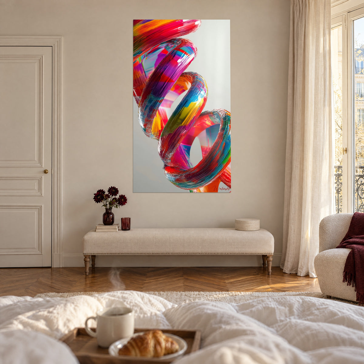 Schilderij gedraaid lint met paarse en oranje reflecties, Walensky-handtekening, boven een bed in een lichte slaapkamer