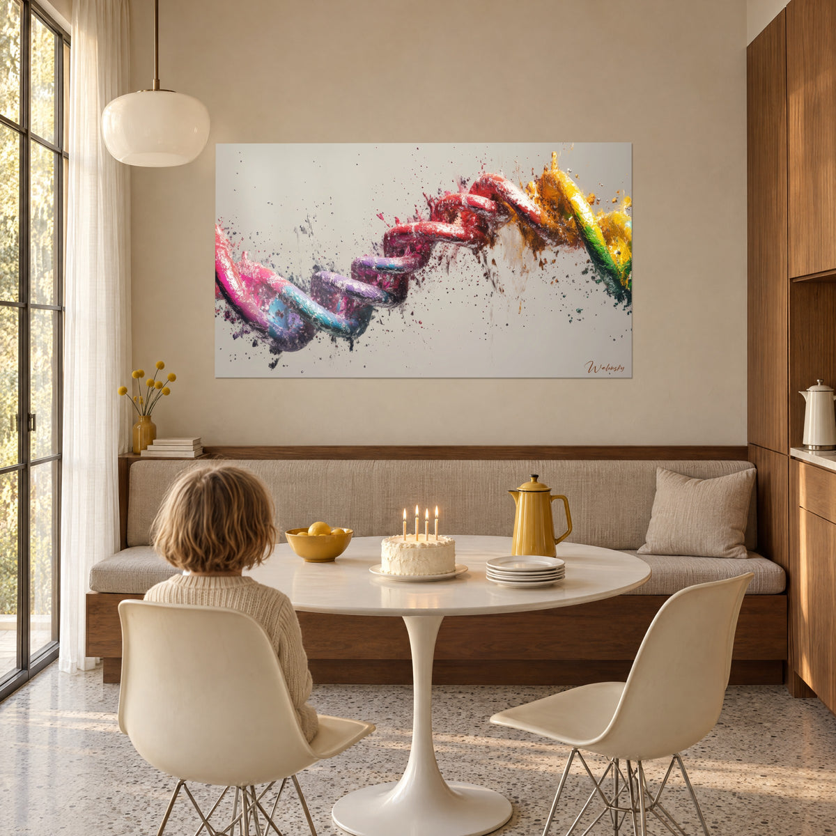 Wall art with a molecular twist in carmine red and lagoon blue links, paint splashes, hung beside a round white table