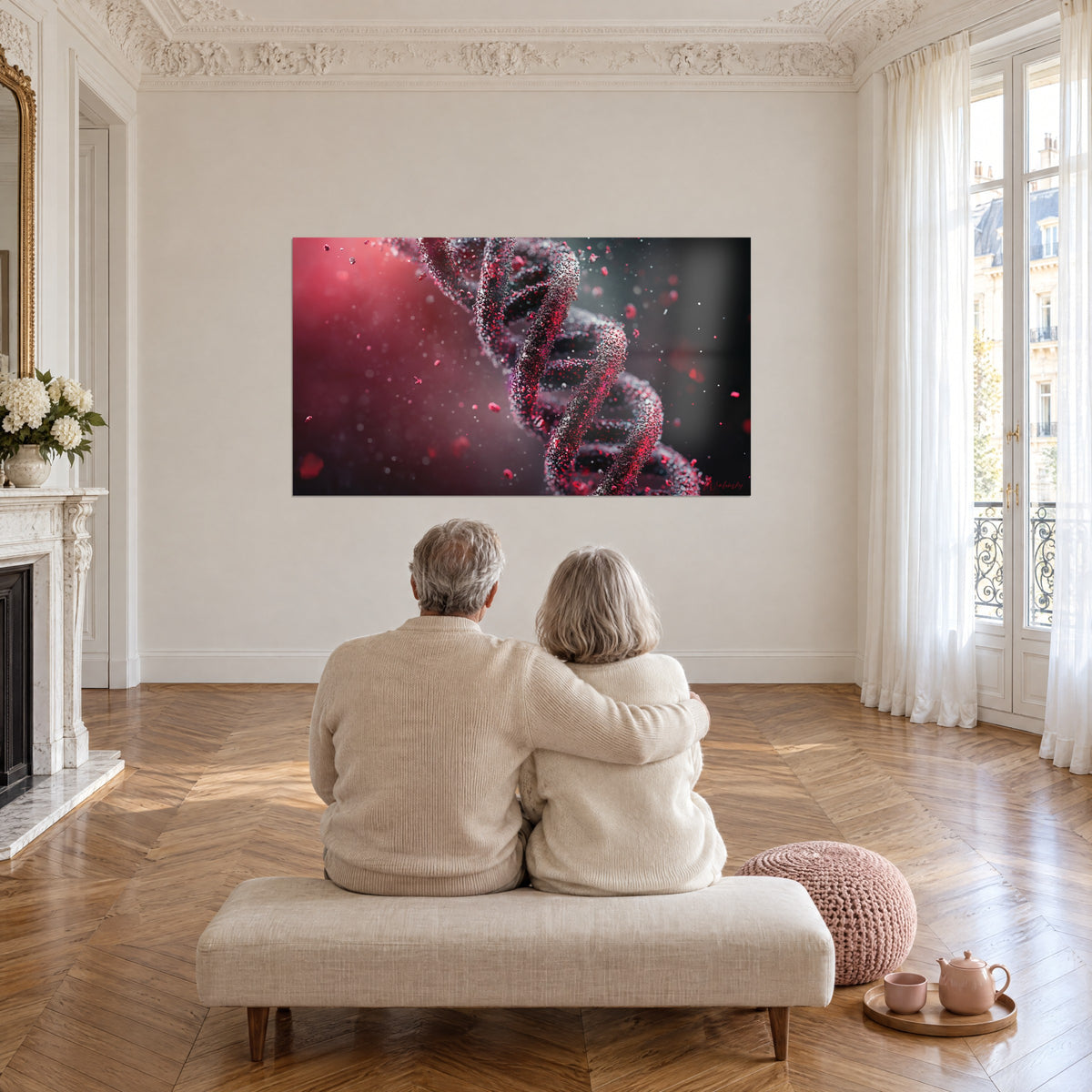 Tableau structure ADN scintillante rouge et noir, lueur rose à gauche, face à un couple assis dans un grand salon parisien