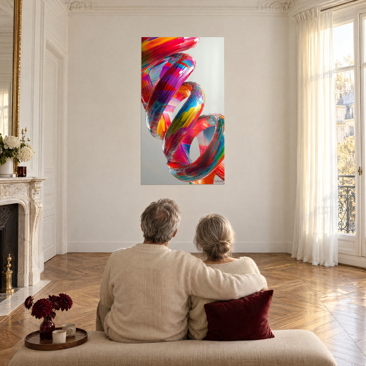 Schilderij gloeiende krullen in oranje en kobaltblauw, stel van achteren op een bank, grote lichte Haussmann-salon