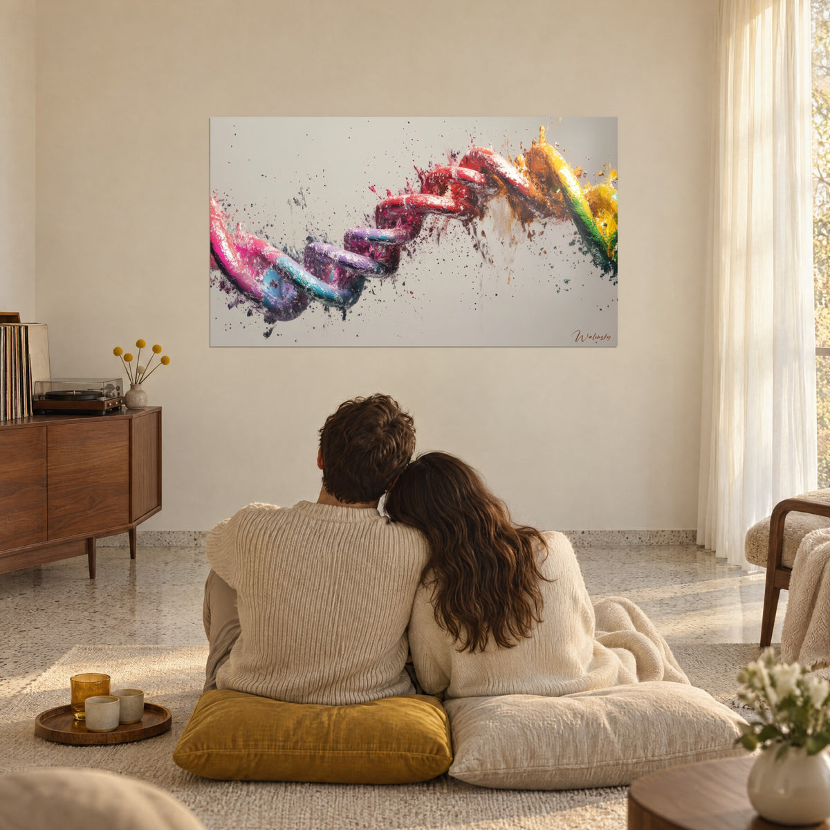 Wall art with a genetic fusion in pink, green and orange swirls, splashes on a beige background, in a living room bathed in soft light