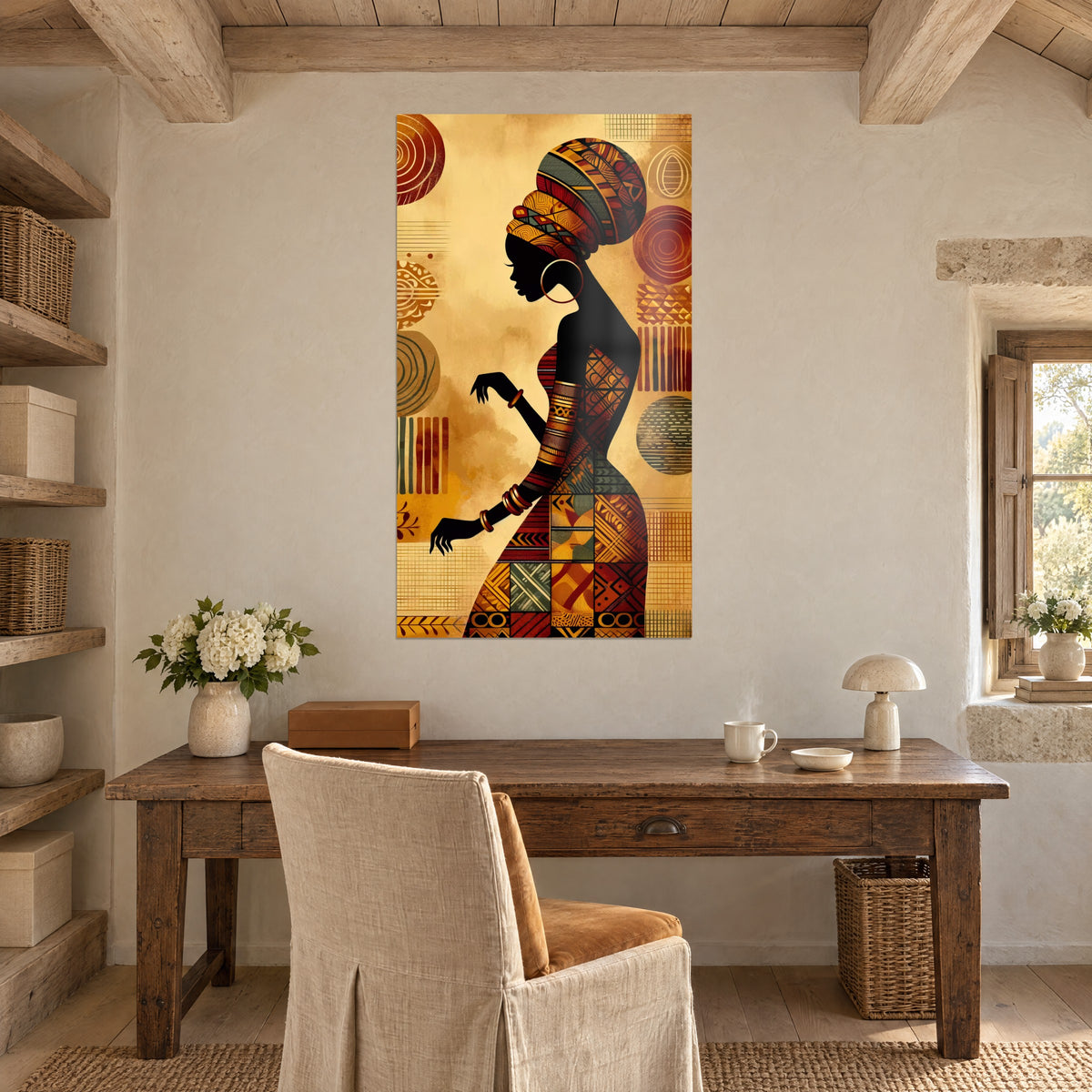 Tableau figure féminine noire aux boucles d'oreille dorées, motifs wax rouge et olive, mur de chaux au-dessus d'un bureau en bois