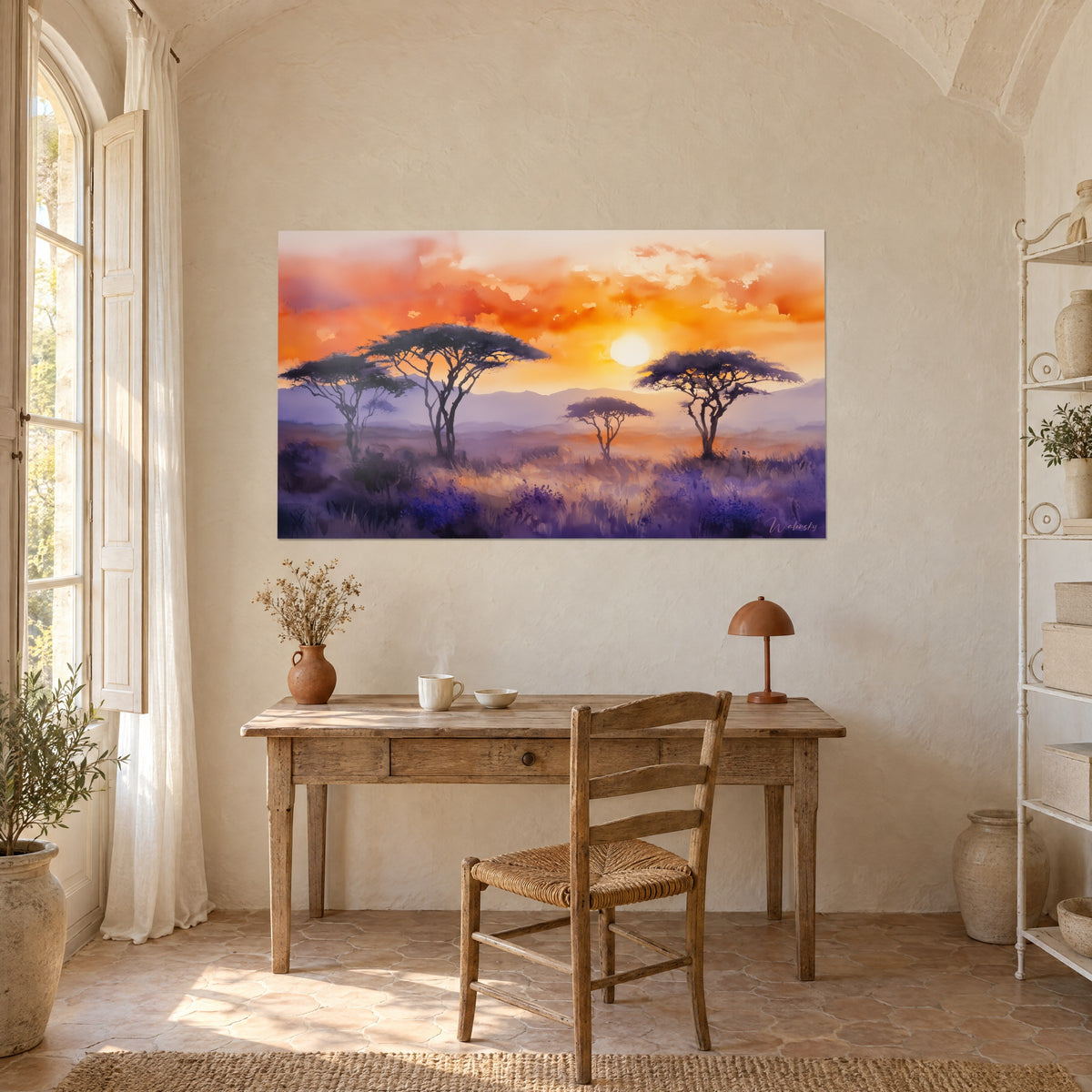 Cuadro de paisaje de estepa con acacias en forma de sombrilla, cielo ámbar y rosa, colinas azuladas, colgado sobre un escritorio de madera