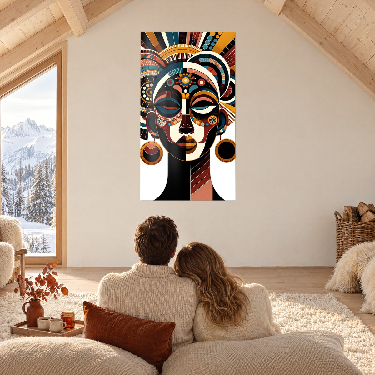 Schilderij beeltenis van Moeder Aarde, stralen in oker en eendenblauw, paar van achteren omhelsd op een bank met uitzicht op de berg