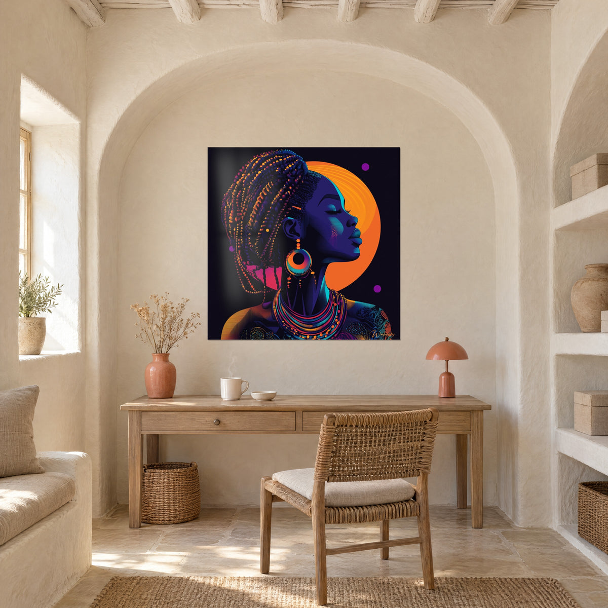 Gemälde grafische Illustration einer Frau mit übereinander getragenen rosafarbenen und türkisfarbenen Halsketten, orangefarbener Heiligenschein, über einem Schreibtisch aus hellem Holz
