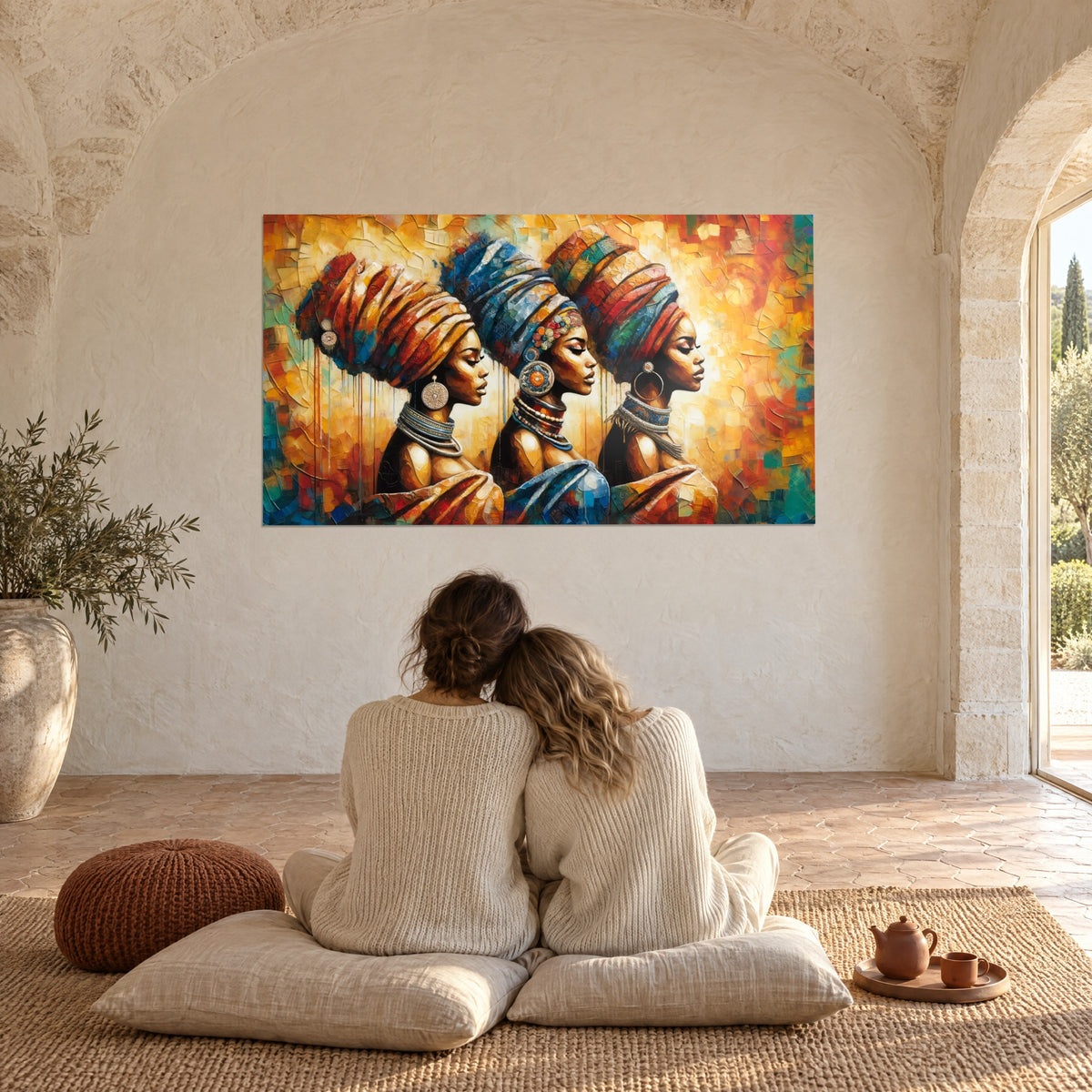 Wall art three women adorned with pearls, rust and blue turbans, bright yellow background, embracing couple in a Provençal farmhouse