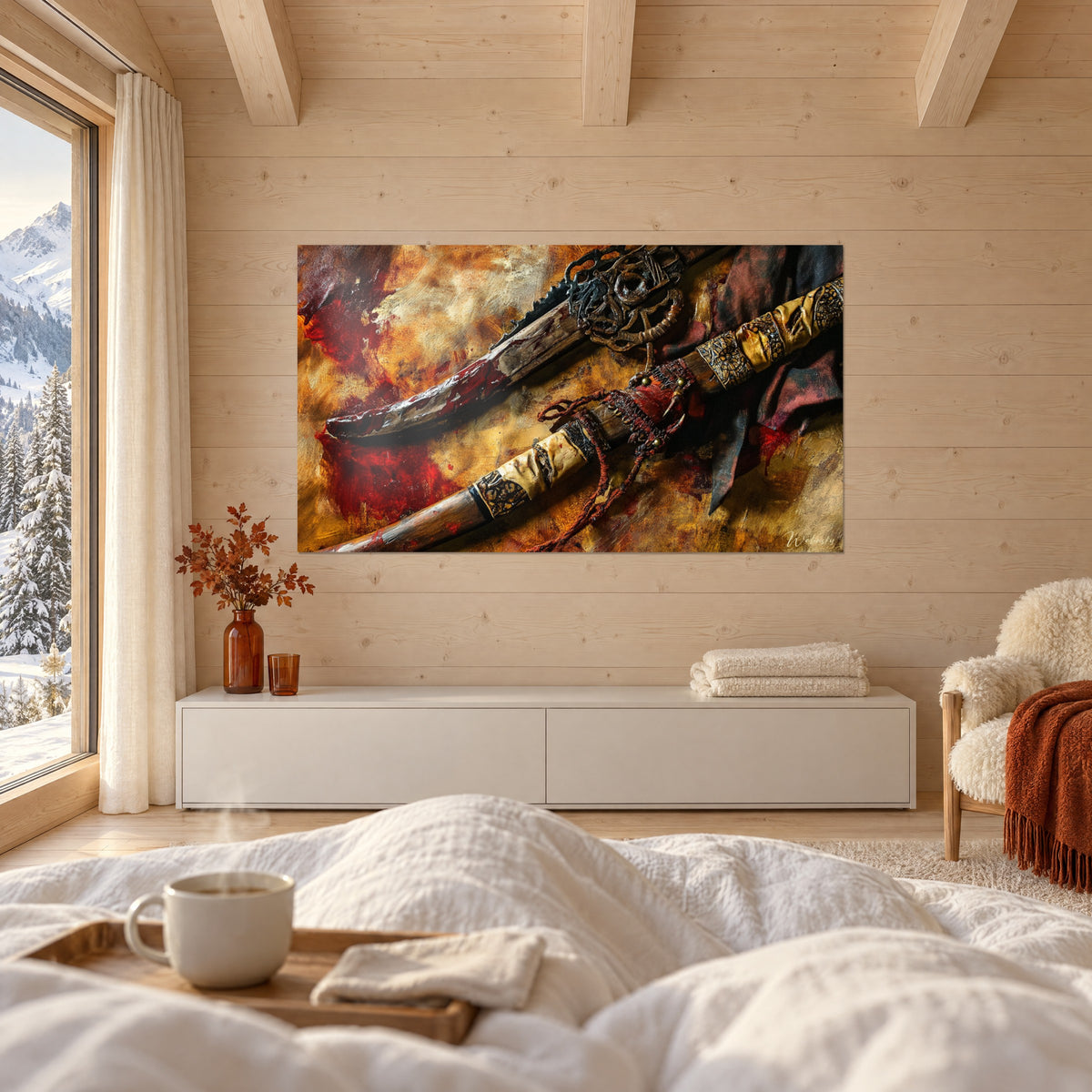 Gemälde Stammes-Schwert mit scharlachroten Schlieren auf goldenem Grund, helle Holzwand über einem Bett in einem lichtdurchfluteten Schlafzimmer