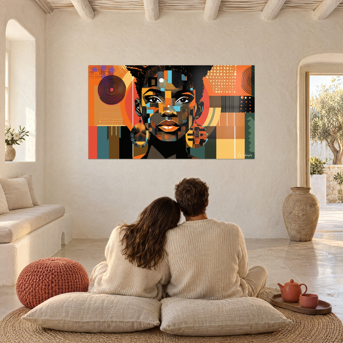 Cuadro figura africana gráfica, medallones rojo coral y tramas negras, frente a una pareja sentada en cojines en el suelo