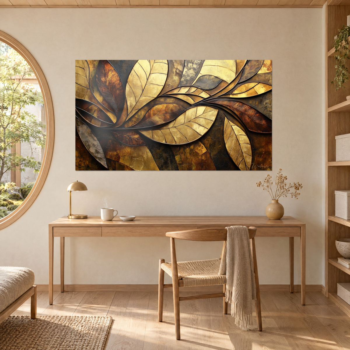 Schilderij met overlappende bladeren in gouden mozaïek, houtskoolzwart en brons, boven een bureau van licht hout