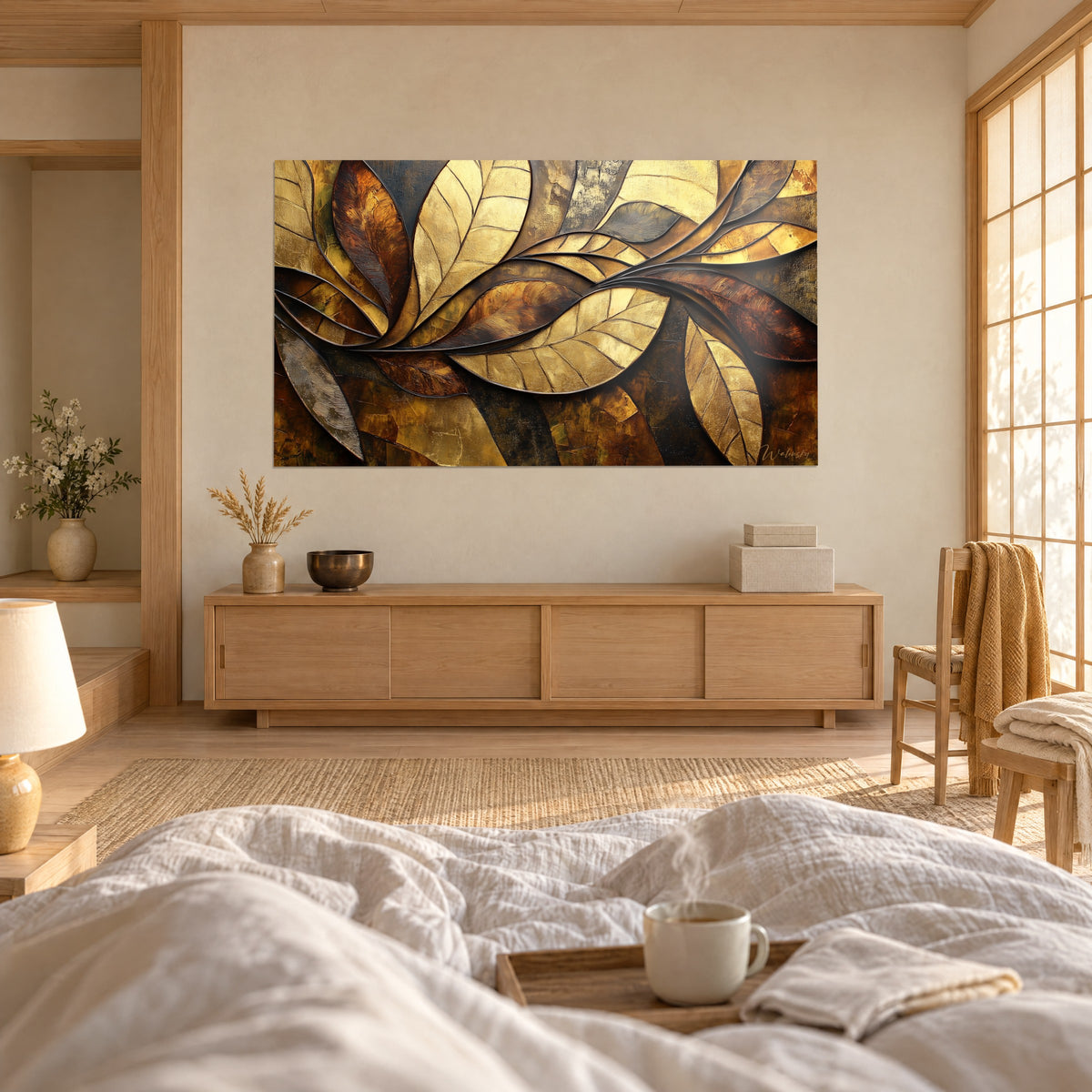 Schilderij met een tak van grote metalen bladeren, bleekgoud en roestbruin, met een persoon van achteren, boven een bed in een lichte slaapkamer