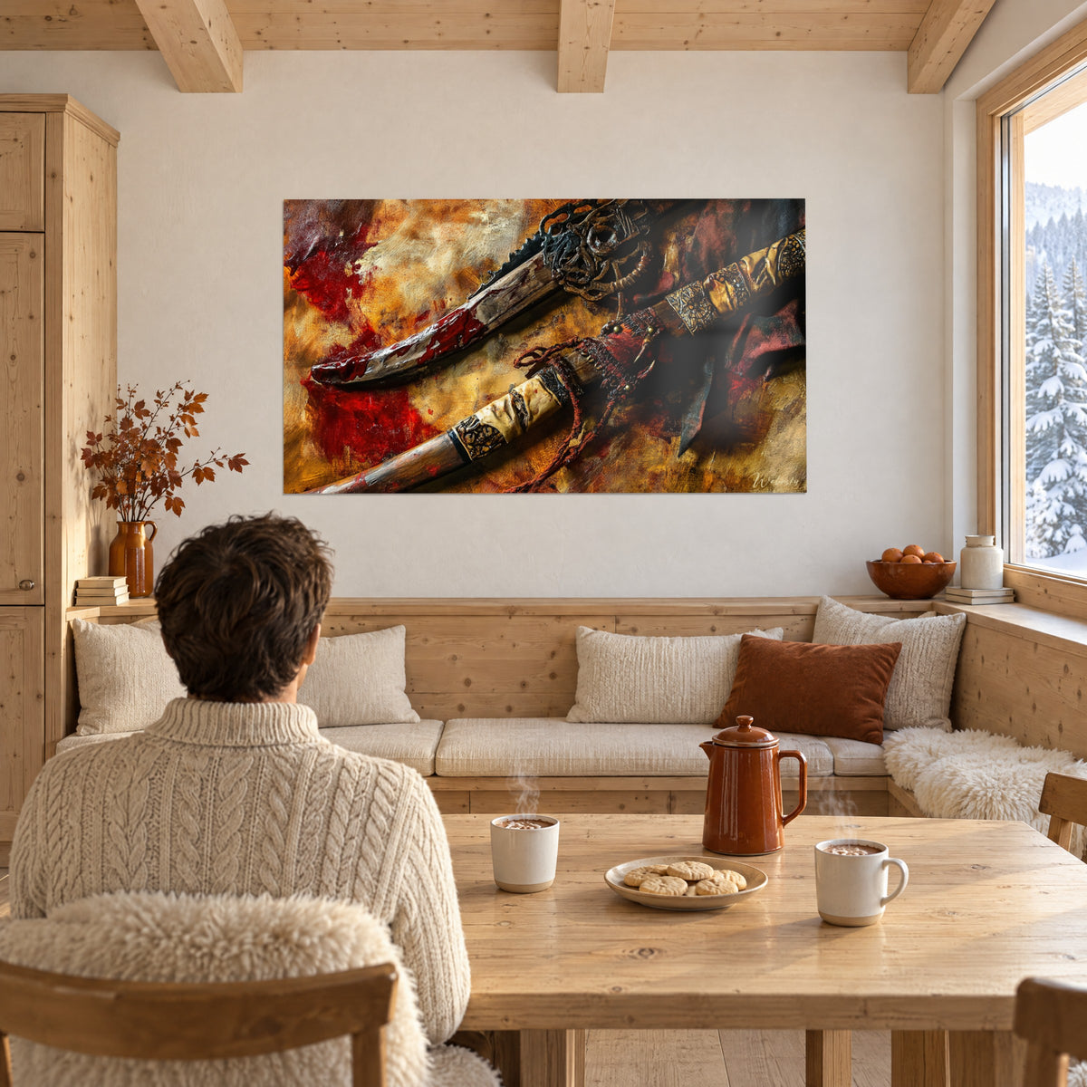 Gemälde Afrikanische Stichwaffe mit ockerfarbenem Ledergriff und karminroter Klinge, betrachtet von einem Mann von hinten neben einem Holztisch im Chalet