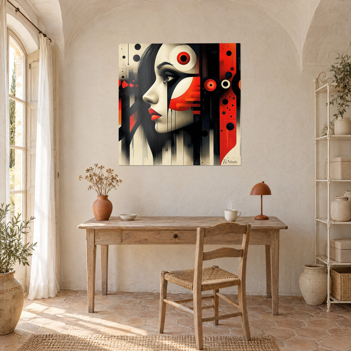 Cuadro musa geométrica de labios escarlata, puntos negros sobre fondo crema, pared blanca sobre un escritorio de madera