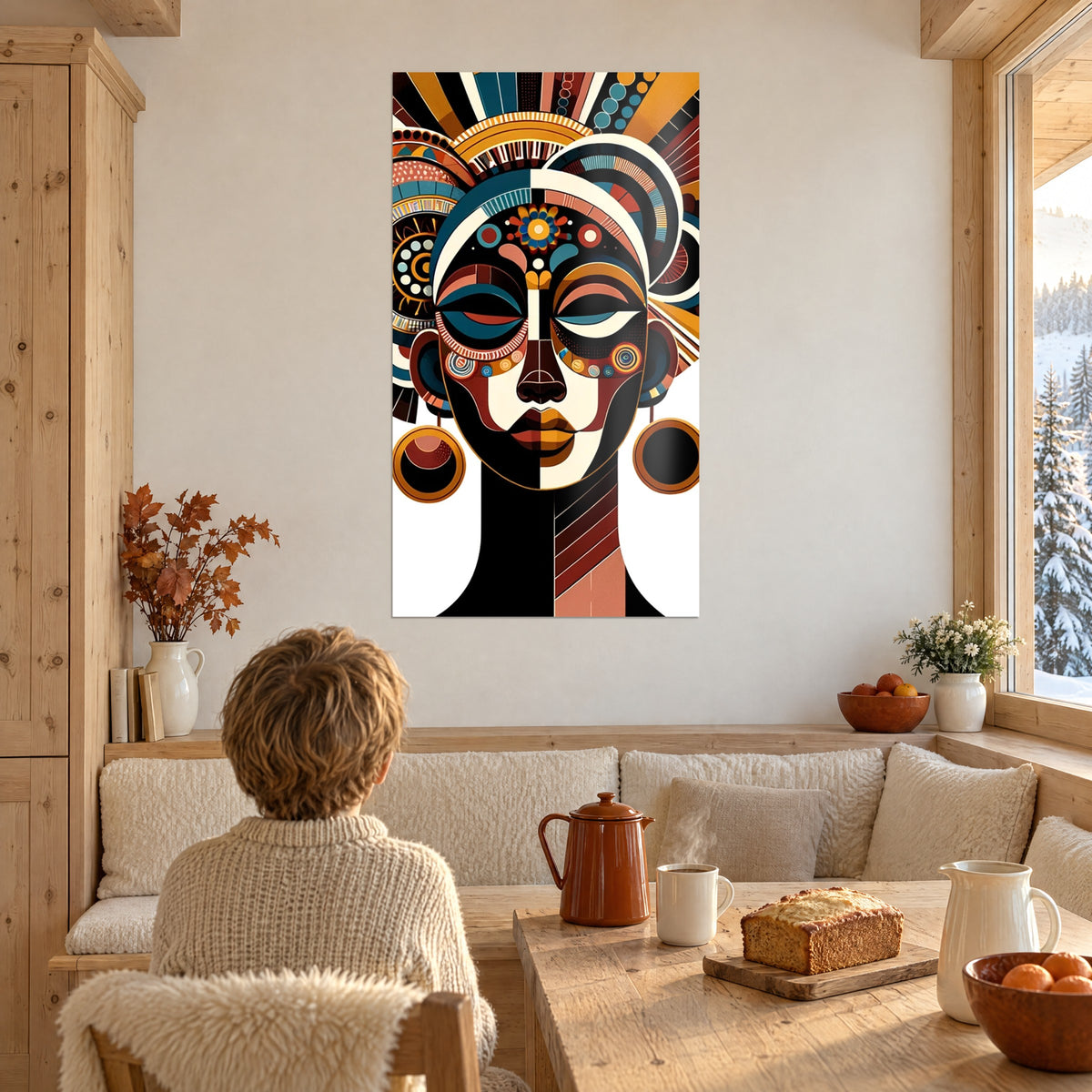 Schilderij vrouwelijke figuur in zwarte en ivoorkleurige vlakken, motieven van turquoise cirkels, persoon van achteren naast een chalettafel