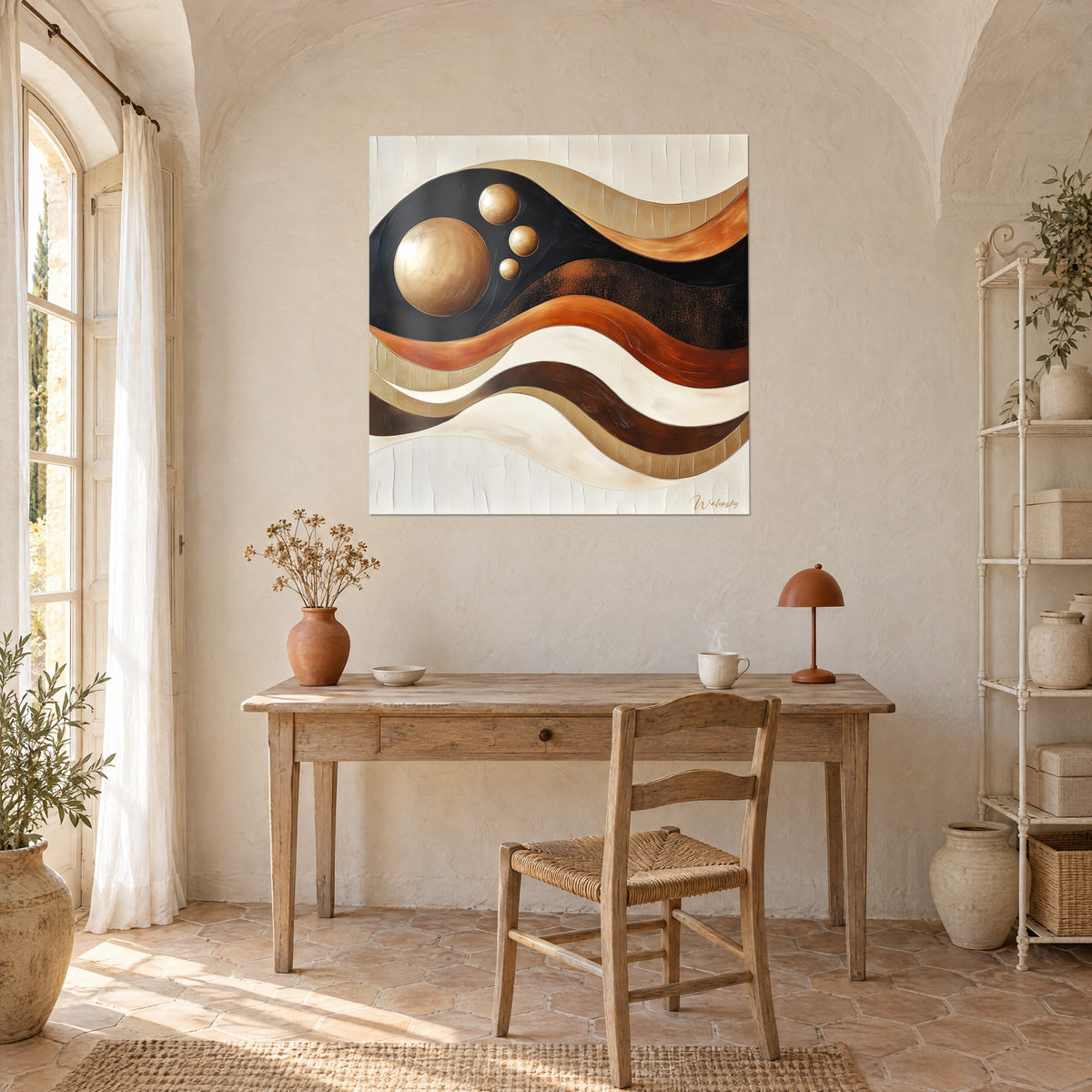 Schilderij met abstracte stromen in crème en zwart, bezaaid met gouden bellen, op een lichte stenen muur, boven een houten bureau