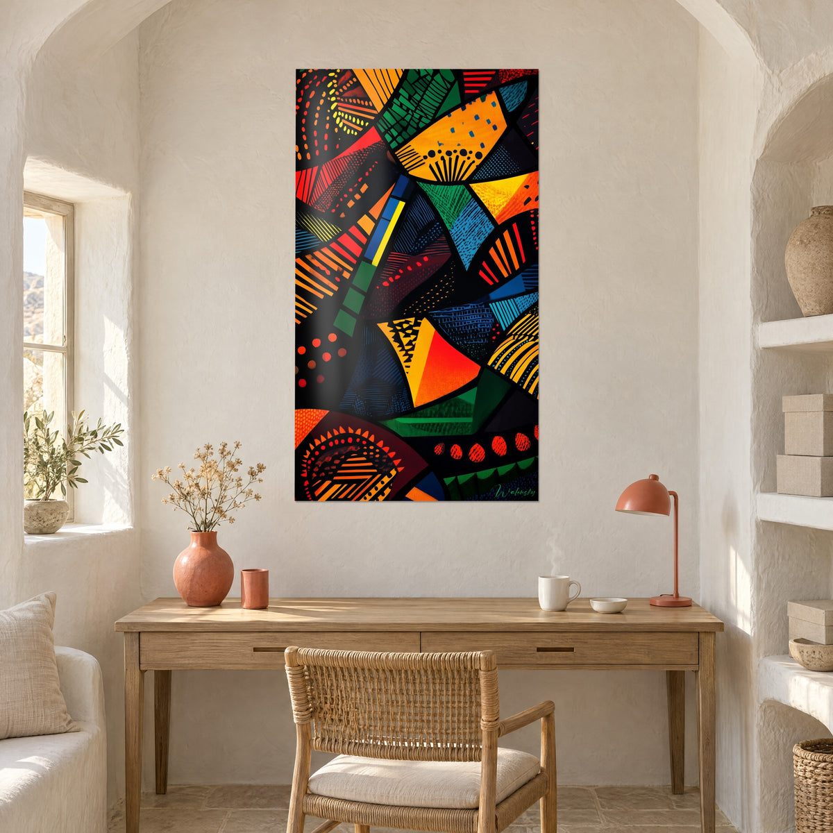 Gemälde mit bunten ethnischen Kompositionen in Orange und Türkis, über einem hellen Holzschreibtisch mit Korallenlampe und Terrakotta-Vase