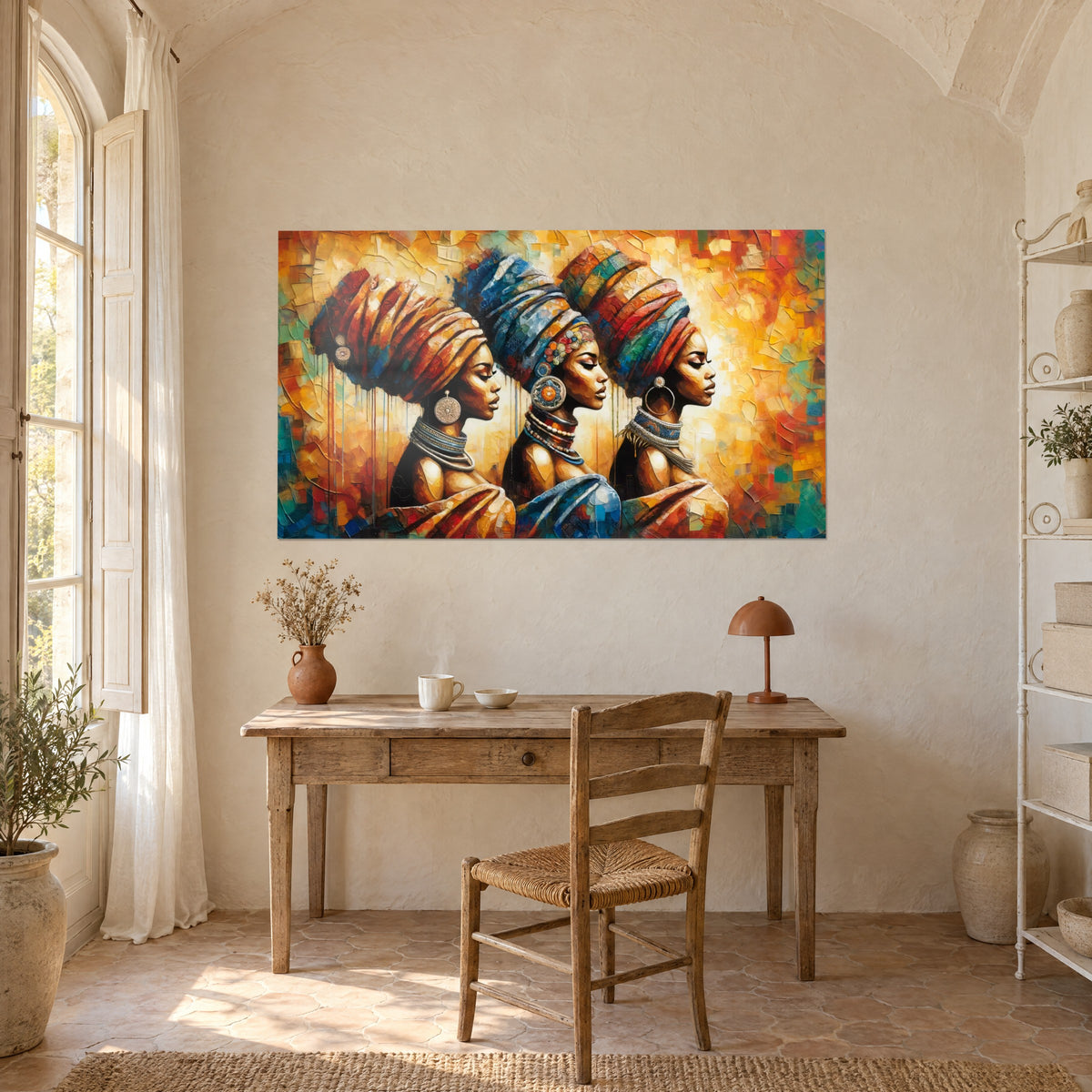 Wall art African queens in profile, multicoloured turbans and orange drips on an amber background, above a wooden desk