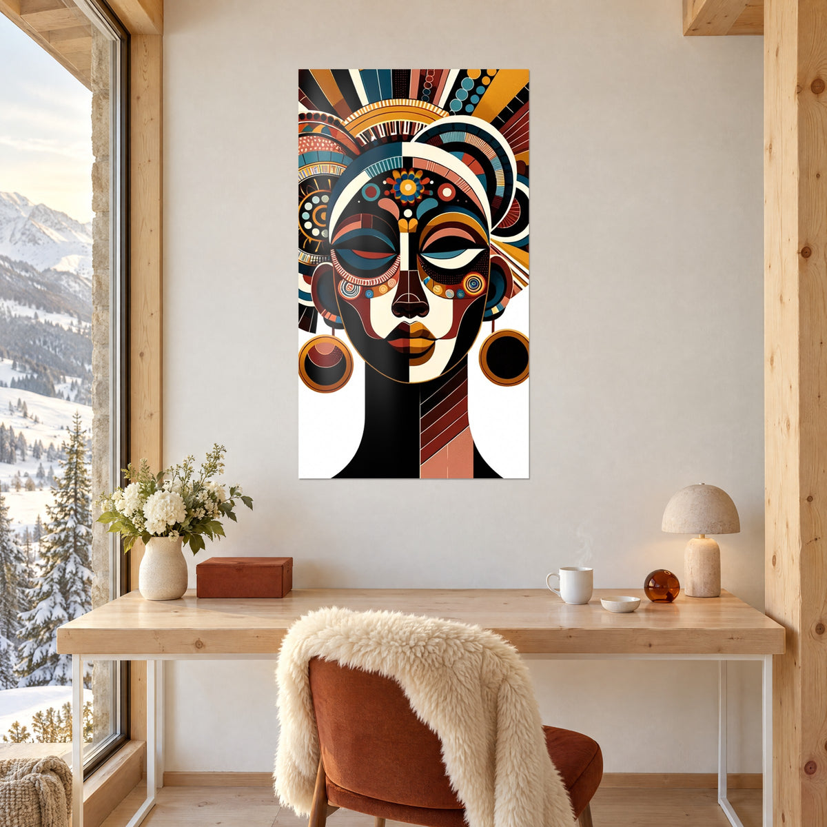 Schilderij tribaal gezicht, half zwart half crème, ornamenten in roest en petroleumblauw, boven een bureau van licht hout