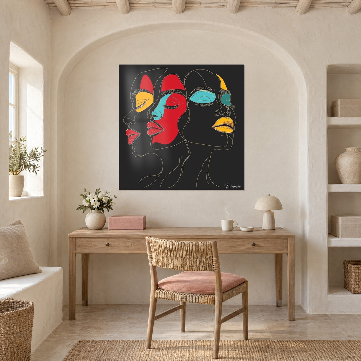 Schilderij met een trio vrouwen met gesloten ogen, volle rode en gouden lippen, turquoise vlakken op zwarte achtergrond, boven een bureau van licht hout