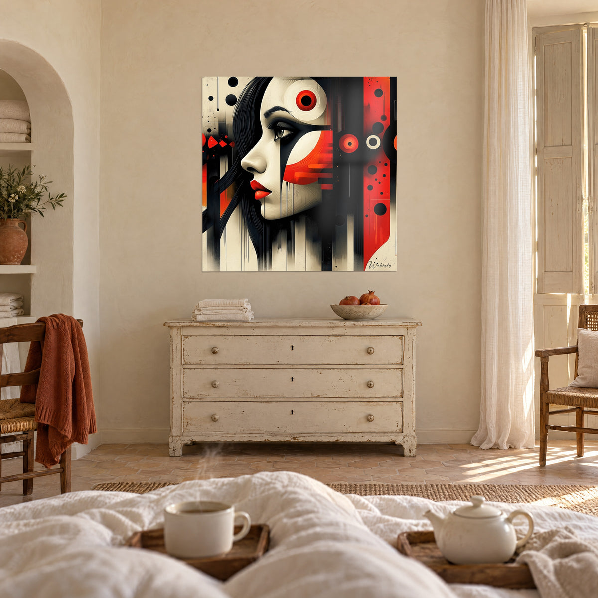 Cuadro perfil estilizado de mejillas rojo anaranjado, cabellera negra fluida, sobre una cama en un dormitorio luminoso