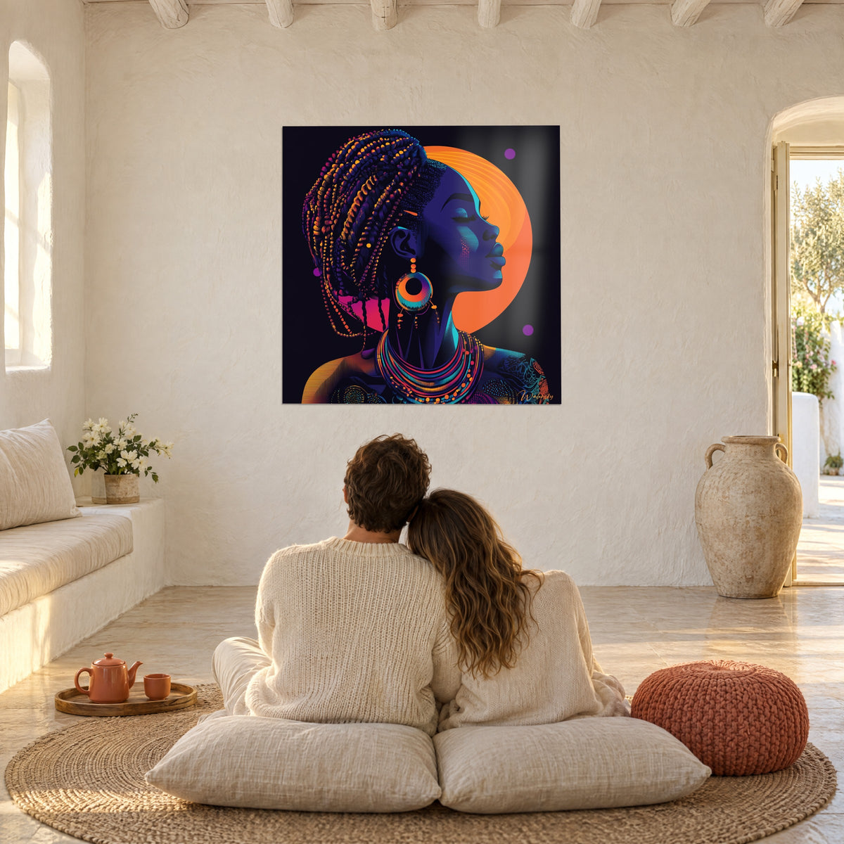 Gemälde Muse mit geschlossenen Augenlidern, orange und violette Zöpfe, orangefarbener Sonnenkreis, in einem weißen mediterranen Wohnzimmer mit einem Paar von hinten