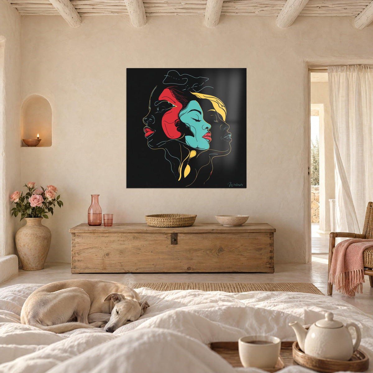 Tableau profils féminins stylisés turquoise et rouge sur fond noir, un lévrier couché sur le lit, au-dessus d'un lit dans une chambre claire