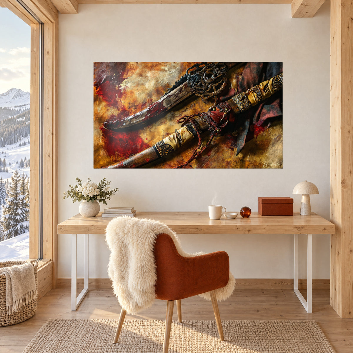 Gemälde Kriegsmesser mit blutiger Klinge und geschnittenem Messingknauf, Rot und Gold, über einem hellen Chalet-Schreibtisch