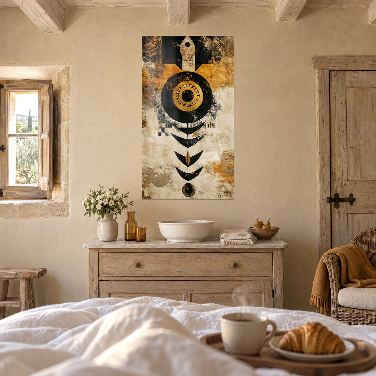 Wall art abstract black and gold totem, central circle, beige tip, on cream background stained with ochre, above a bed in a bright bedroom