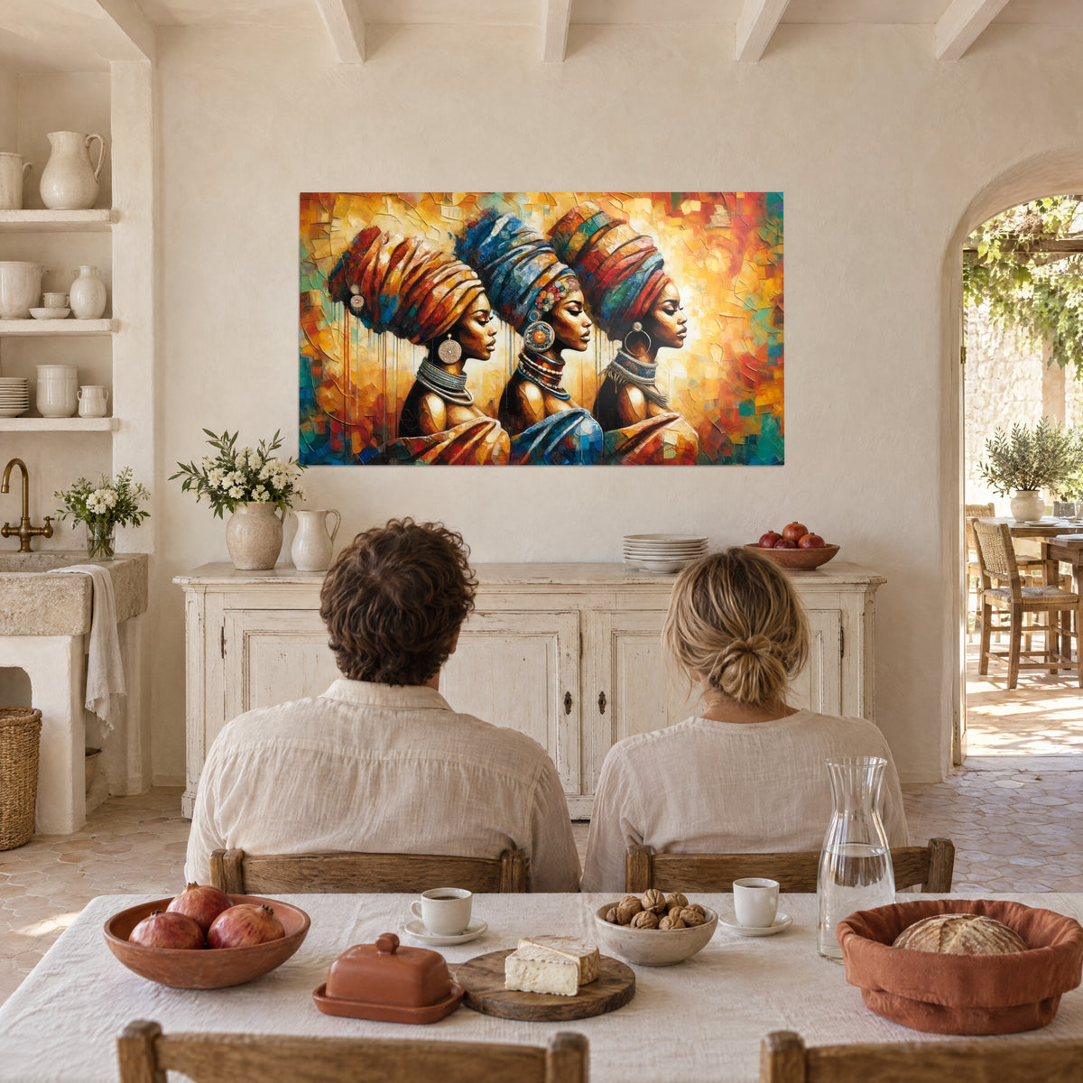 Wall art women with wrapped heads, thick yellow and blue brushwork, silver necklaces, whitewashed farmhouse wall, couple seated at a table