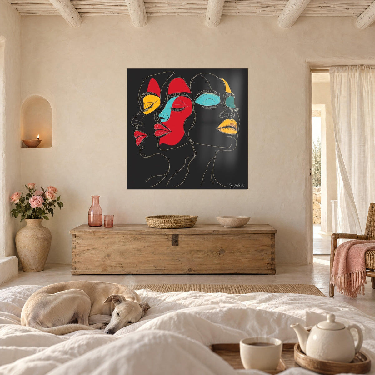 Schilderij met gestileerde portretten en getekende wimpers, rood gezicht in het midden, gele lippen en turquoise ooglid op zwarte achtergrond, boven een bed in een lichte slaapkamer