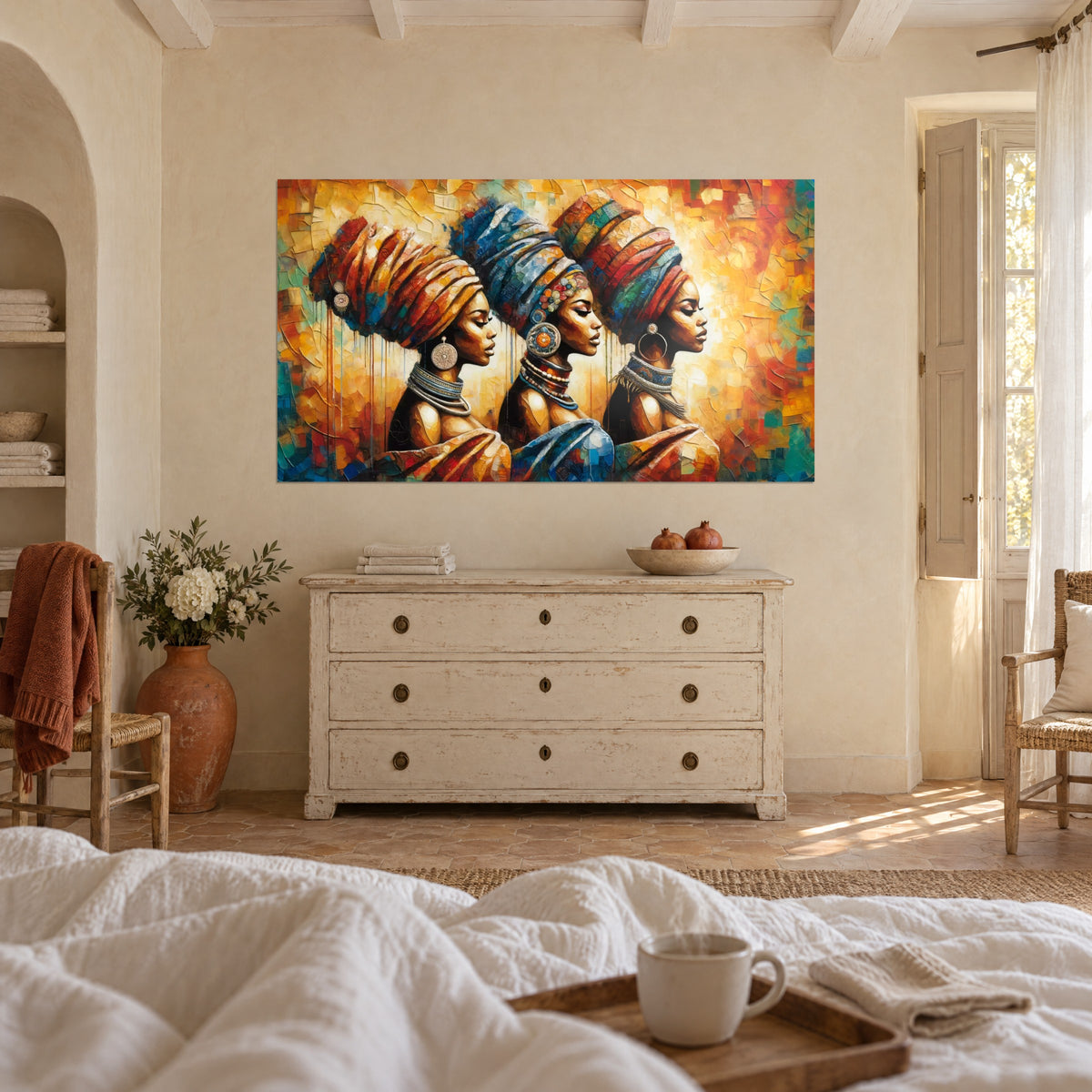 Wall art trio of female profiles in large blue, red and amber turbans, round earrings, above a bed in a bright bedroom