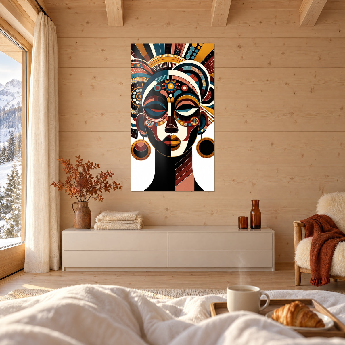Schilderij grafische Afrikaanse godin, gouden oorbellen en hoofdtooi in oker en blauw, boven een bed in een lichte slaapkamer