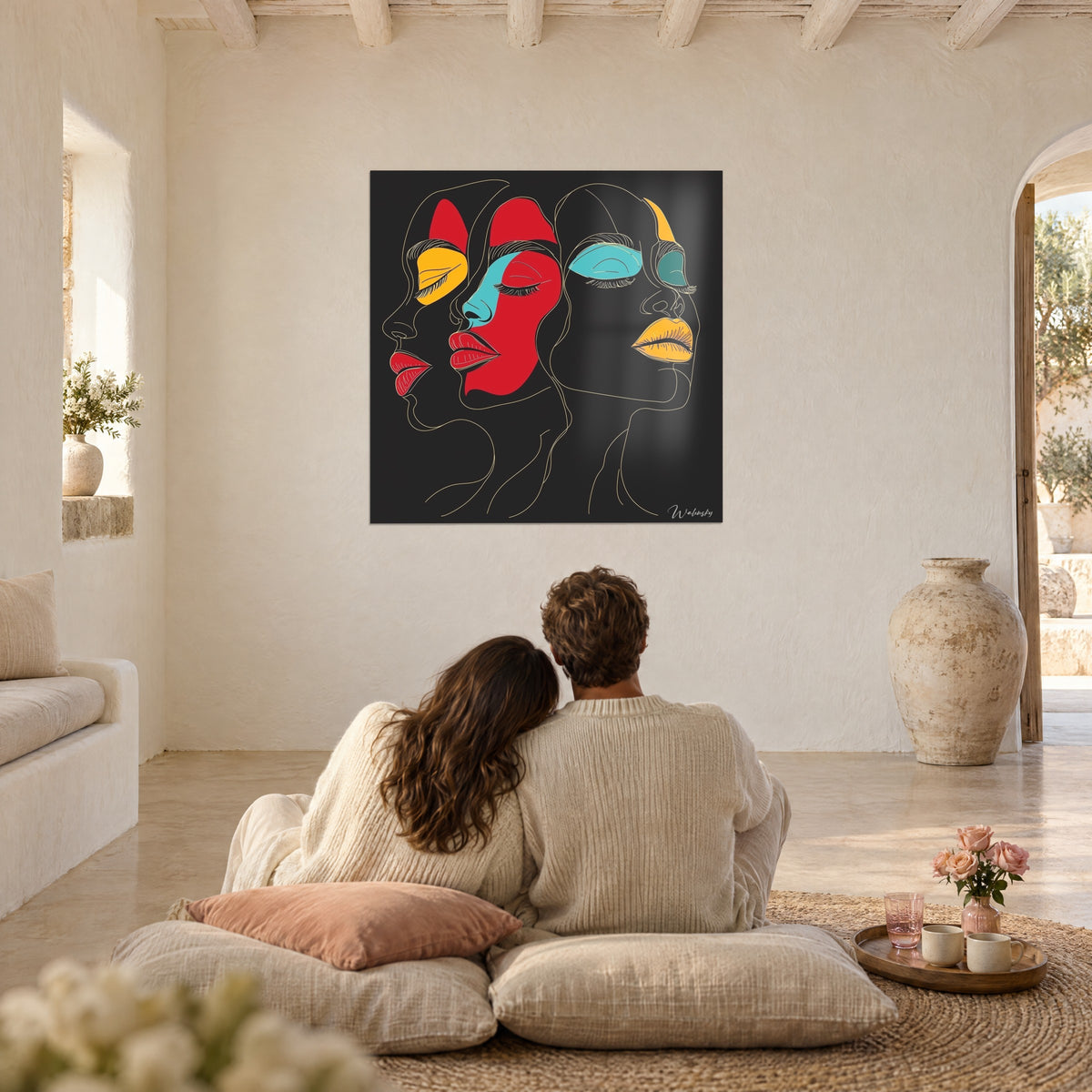 Schilderij met in elkaar verstrengelde gezichten in fijne lijnen, levendige kleuren rood, geel en turquoise op zwart, tegenover een koppel van achteren op roze kussens