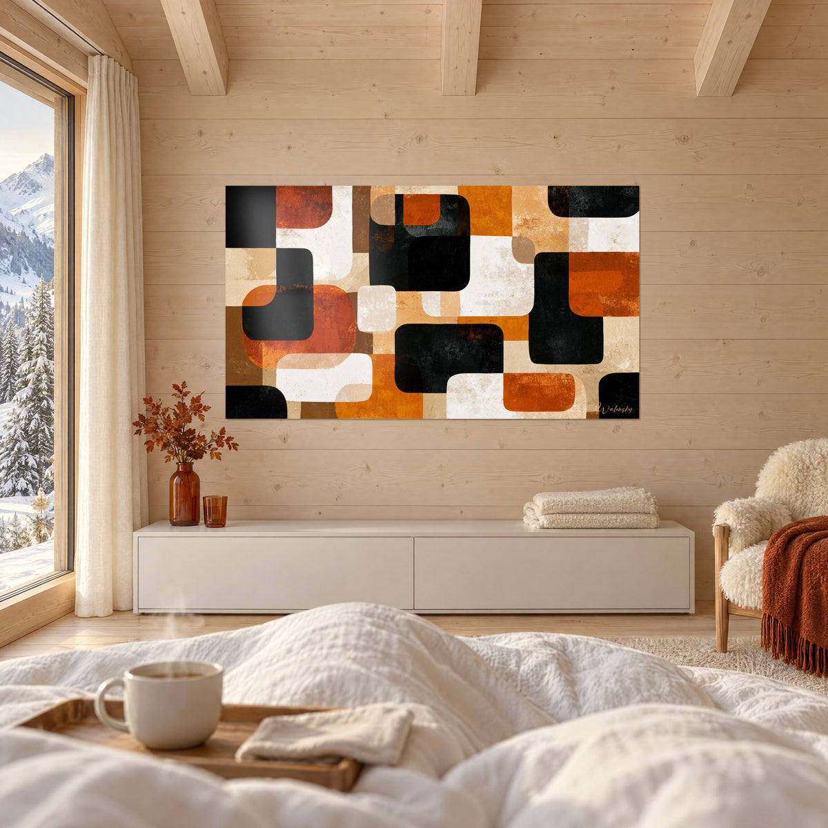 Tableau composition abstraite de pavés arrondis noirs, ocre et beige, un homme de dos, au-dessus d'un lit dans une chambre claire