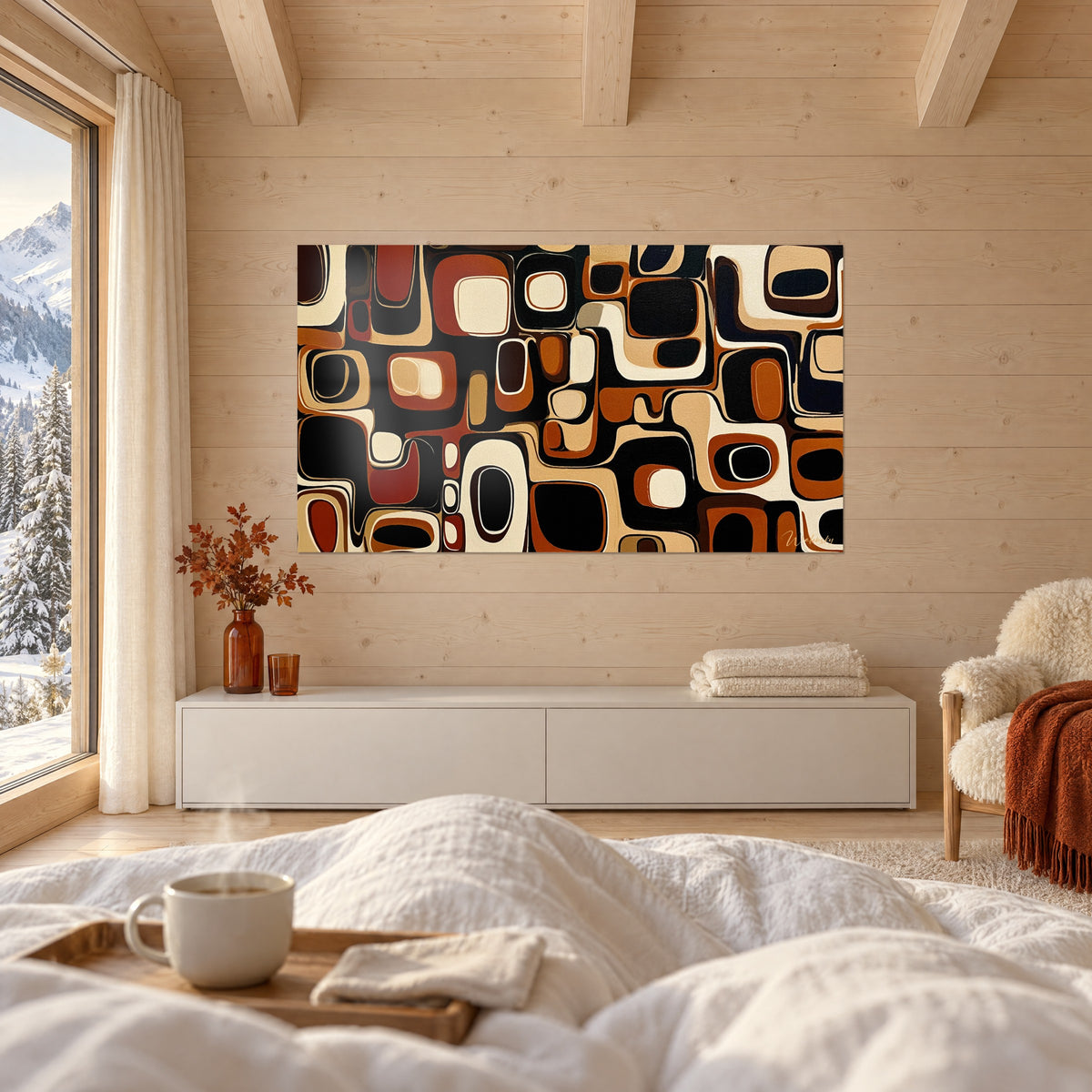Tableau puzzle de bulles géométriques noires, orangées et beiges, un homme de dos, au-dessus d'un lit dans une chambre claire