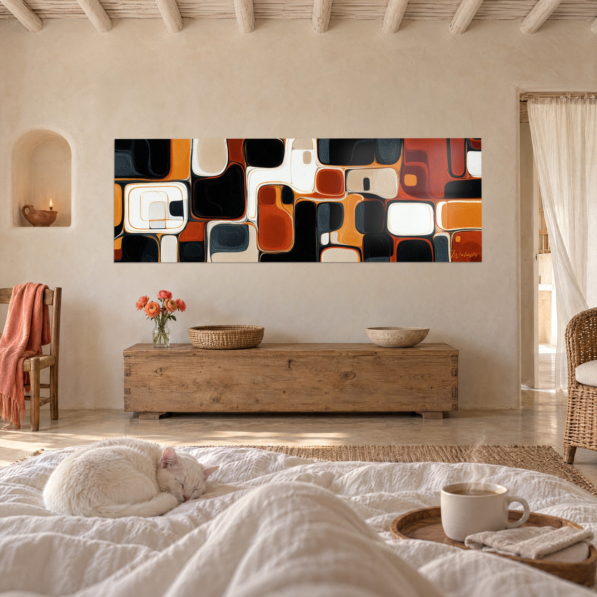 Wall art puzzle of bulging black, orange and off-white rectangles, above a bed in a light bedroom