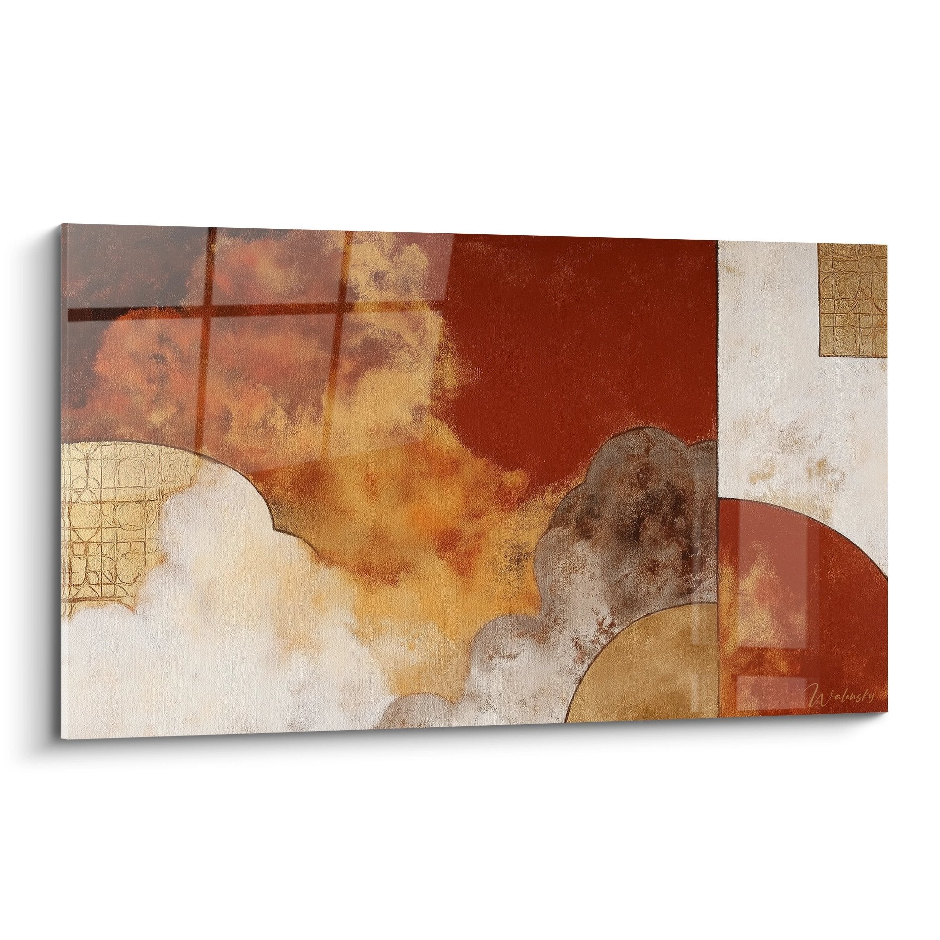 composition abstraite geometrique tons ocre rouille cercles dores textures craquelees africain abstrait