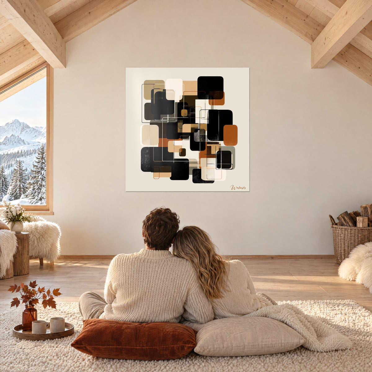 Tableau patchwork de rectangles noirs, orange brûlé et ivoire, mur d'une pièce sous charpente en bois clair