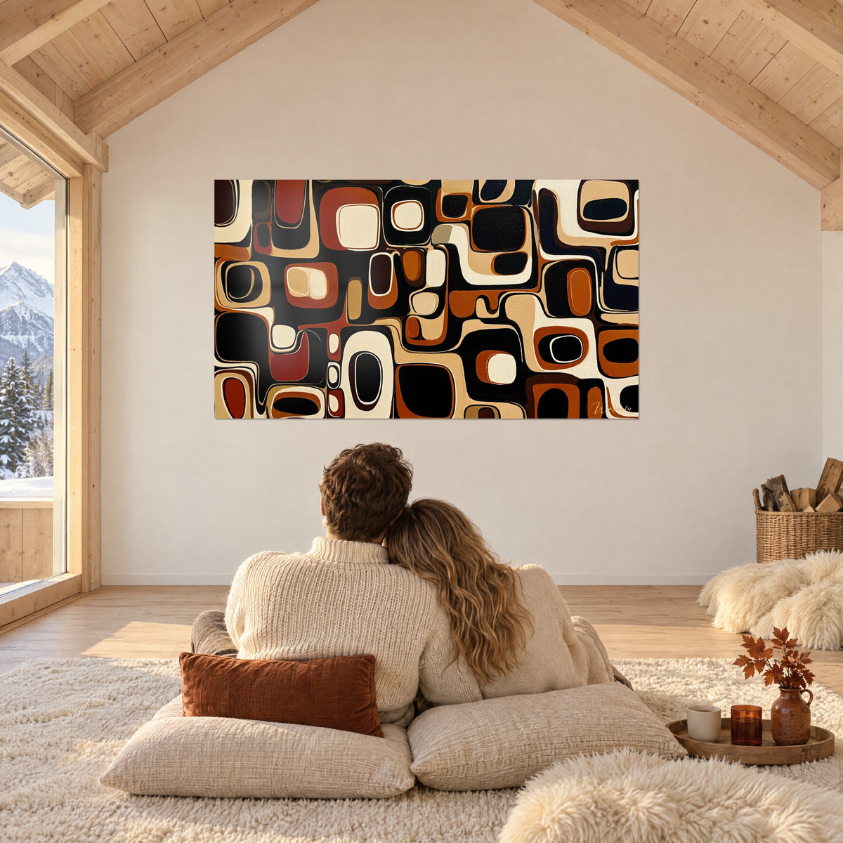 Tableau fresque de cellules arrondies noires, cuivrées et crème, couple enlacé de dos sur coussins, grande pièce sous charpente