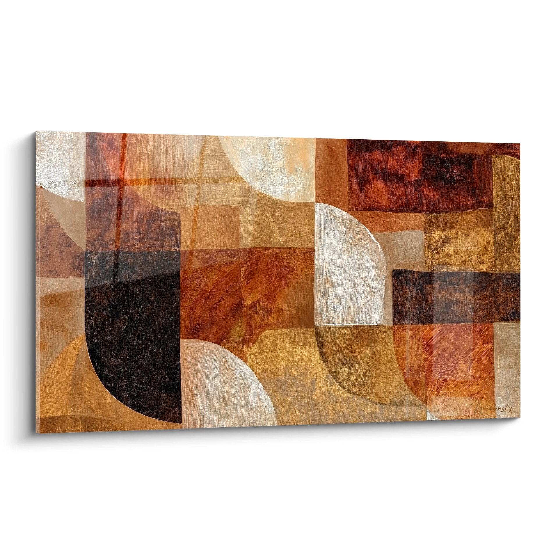 Tableau abstrait géométrique aux tons ocre et terre brûlée avec formes circulaires blanches superposées