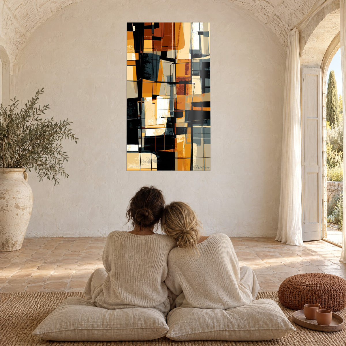 Tableau grille urbaine terre de sienne et ivoire, deux femmes de dos sur des coussins, mur crépi d'un mas provençal